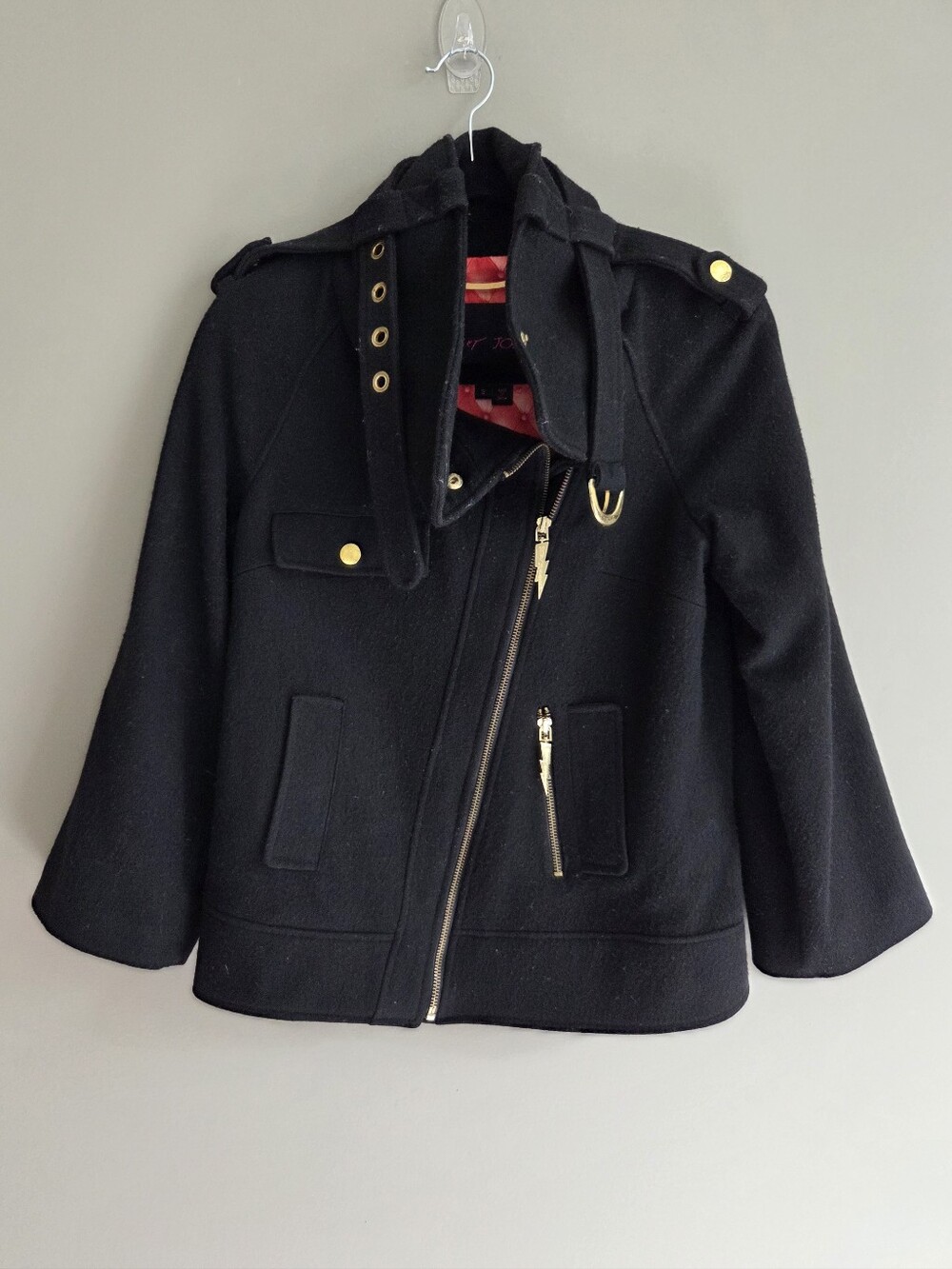 Vintage Betsey Johnson Black Wool Blend Moto Jacket Coat Gold Hardware Size 2